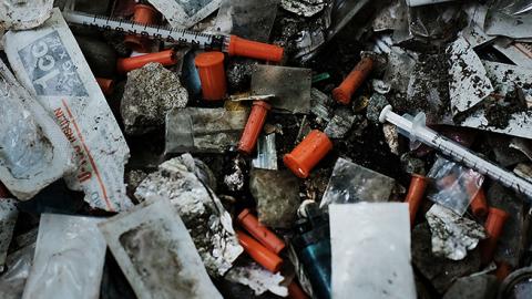 Used needles in what was a heroin shooting gallery in the Kensington section of Philadelphia, July 31, 2017 (Spencer Platt/Getty Images)