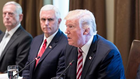 President Trump with National Security Adviser McMaster, Secretary of Defense Mattis, Vice President Pence, and Secretary of State Tillerson, September 7, 2017 (BRENDAN SMIALOWSKI/AFP/Getty Images)