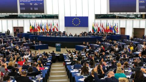 Members of the European Parliament vote in plenary on the European Union's draft budget for the fiscal year 2020. (Philipp von Ditfurth/picture alliance via Getty Images)