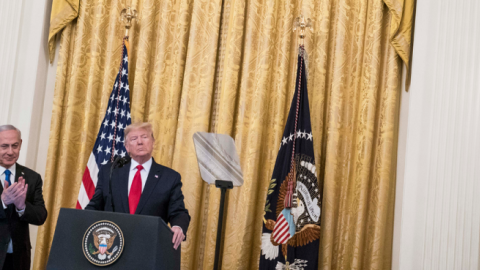 U.S. President Donald Trump and Israeli Prime Minister Benjamin Netanyahu participate in a joint statement in the East Room of the White House on January 28, 2020 in Washington, DC. (Sarah Silbiger/Getty Images)