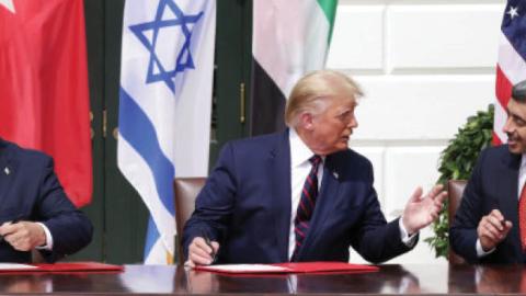Prime Minister of Israel Benjamin Netanyahu, U.S. President Donald Trump, and Foreign Affairs Minister of the United Arab Emirates Abdullah bin Zayed bin Sultan Al Nahyan participate in the signing ceremony of the Abraham Accords on the South Lawn of the