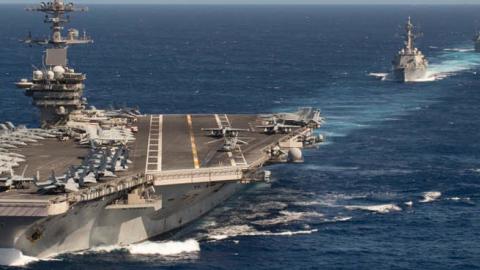 The Theodore Roosevelt Carrier Strike Group transits in formation Jan. 25, 2020 (U.S. Navy photo by Mass Communication Specialist 2nd Class Anthony Rivera)