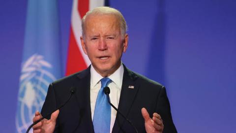 U.S. President Joe Biden speaks on day three of COP26 at SECC on November 2, 2021 in Glasgow, United Kingdom. (Photo by Steve Reigate - Pool / Getty Images)