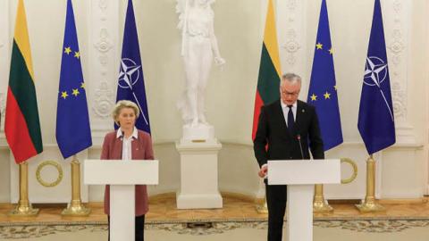 Lithuanian Prime Minister Ingrida Simonyte, European Commission President Ursula von der Leyen, Lithuania's President Gitanas Nauseda, and NATO Secretary-General Jens Stoltenberg in Vilnius, Lithuania. (Photo by PETRAS MALUKAS/AFP via Getty Images)