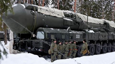 Servicemen take part in combat patrol and anti-sabotage drills involving RS-24 Yars road-mobile intercontinental ballistic missile systems. (Photo by Vladimir Smirnov\TASS via Getty Images)