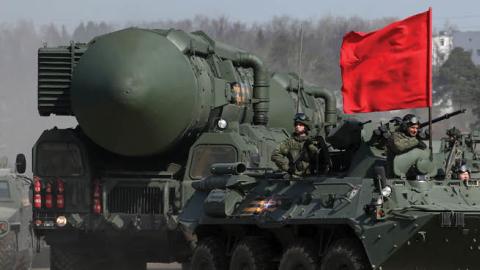 A RS-24 Yars intercontinental ballistic missile vehicle during the rehearsals for the Victory Day Military Parade, on April 18, 2022 in Alabino, outside of Moscow, Russia. (Photo by Contributor/Getty Images)