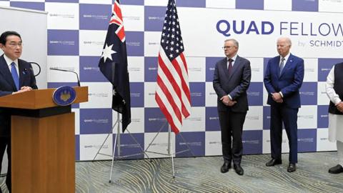 Japanese PM Fumio Kishida, Australian PM  Anthony Albanese, U.S. President Joe Biden, and Indian PM Narendra Modi during the Quad Fellowship Founding Celebration event on May 24, 2022 in Tokyo, Japan. (Photo by The Asahi Shimbun via Getty Images)