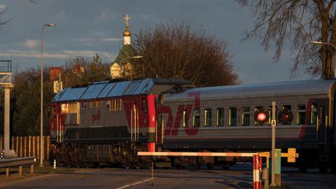 A train from Kaliningrad enters Lithuania on April 16, 2022, in Kybartai, Lithuania. (Photo by Paulius Peleckis/Getty Images)