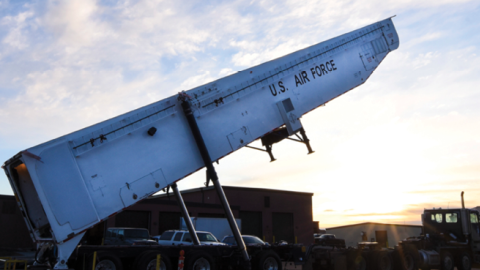 The transporter erector, used to load Minuteman III ballistic missiles, is raised during an annual proofload test at Minot Air Force Base, North Dakota, on April 2, 2019. (US Air Force photo by Senior Airman Ashley Boster)