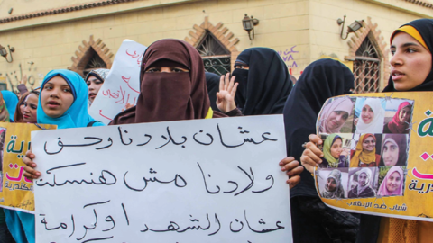 Egyptian university students gather on November 26, 2013, in Alexandria, Egypt, to protest the anti-demonstration law, which bans protests without prior police approval. (Ibrahim Ramadan/Anadolu Agency/Getty Images)