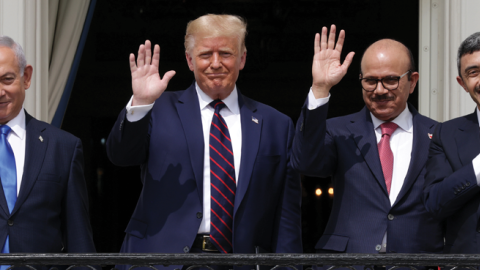 Benjamin Netanyahu, Donald Trump, Abdullatif bin Rashid Al Zayani of Bahrian, and Abdullah bin Zayed bin Sultan Al Nahyan of the UAE at the White House after signing the Abraham Accords on September 15, 2020. (Alex Wong/Getty Images)