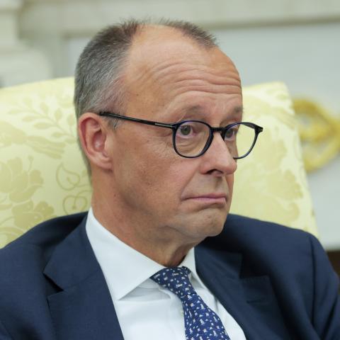 German Chancellor Friedrich Merz listens to a reporter's question during a meeting with US President Donald Trump in the Oval Office on June 05, 2025, in Washington, DC. (Anna Moneymaker via Getty Images)