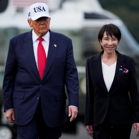 President Donald Trump and Japanese Prime Minister Sanae Takaichi arrive to speak to troops aboard USS George Washington at Fleet Activities Yokosuka on October 28, 2025, in Yokosuka, Japan. (Getty Images)