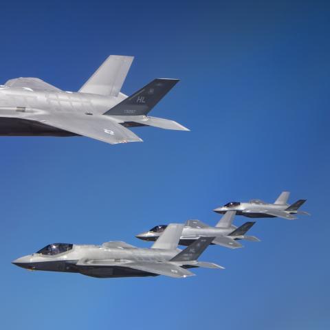 U.S. Air Force F-35A Lightning IIs and Israeli Air Force F-35I Adirs fly in formation during exercise Enduring Lightning III over Israel, Oct. 12, 2020. The United States and Israeli air forces train to maintain a ready posture to deter against regional aggression while forging strategic partnerships across the U.S. Central Command and U.S. European Command areas of responsibility. (U.S. Air Force photo by Senior Airman Duncan C. Bevan)