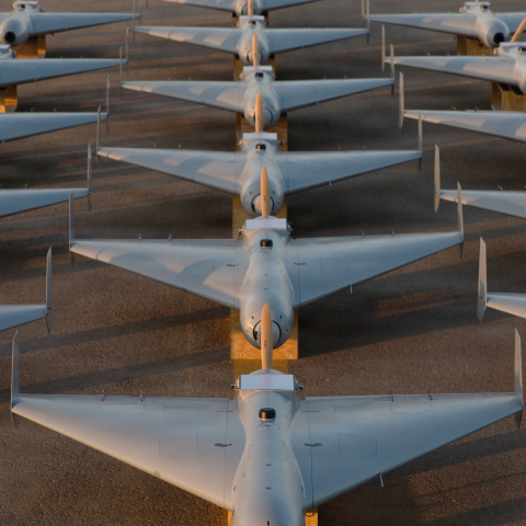 Low-cost unmanned combat attack systems are positioned on a tarmac in an undisclosed location on November 23, 2026. (DVIDS)