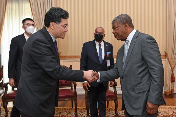 Angolan President Joao Lourenco (R, front) meets with visiting Chinese Foreign Minister Qin Gang in Luanda, Angola, Jan. 13, 2023. (Photo by Chen Cheng/Xinhua via Getty Images)