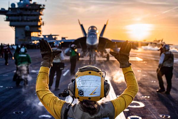 An F/A-18E Super Hornet from the “Mighty Shrikes” of Strike Fighter Squadron (VFA) 94 prepares to launch from the aircraft carrier USS Nimitz (CVN 68). Nimitz is in U.S. 7th Fleet conducting routine operations. 7th Fleet is the U.S. Navy's largest forward-deployed numbered fleet, and routinely interacts and operates with Allies and partners in preserving a free and open Indo-Pacific region. (U.S. Navy photo by Mass Communication Specialist 2nd Class David Rowe)