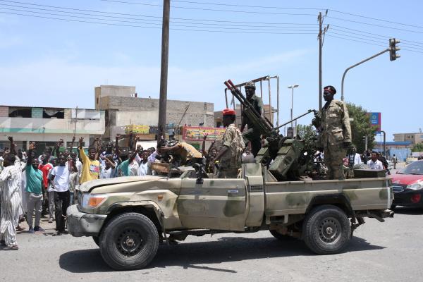 Sudanese army soldiers, loyal to army chief Abdel Fattah al-Burhan, in the Red Sea city of Port Sudan on April 16, 2023. (AFP via Getty Images)