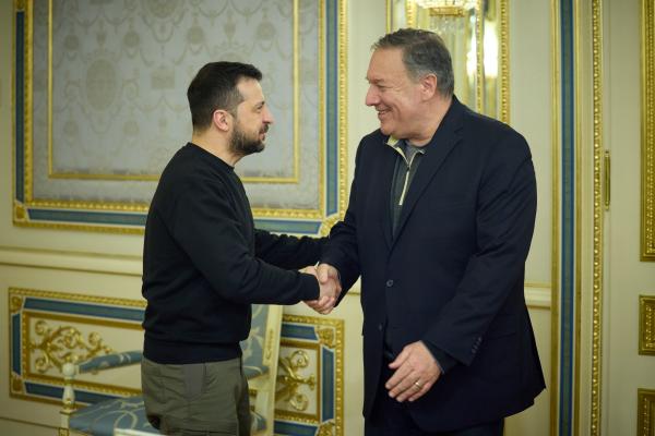 Former US Secretary of State Mike Pompeo and Ukrainian President Volodymyr Zelenskyy shake hands in Kyiv, Ukraine, on April 4, 2023. (Ukrainian Presidency / Handout/Anadolu Agency via Getty Images)