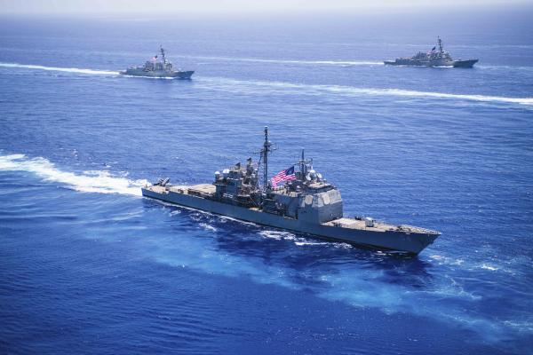 The Ticonderoga-class guided-missile cruiser USS Antietam (CG 54) and Arleigh Burke-class guided-missile destroyers USS Rafael Peralta (DDG 115) and USS Chung-Hoon (DDG 93) steam in formation during a multiple large deck event in the Pacific Ocean on June 8, 2023. (U.S. Navy photo by Mass Communication Specialist 2nd Class Carson Croom)