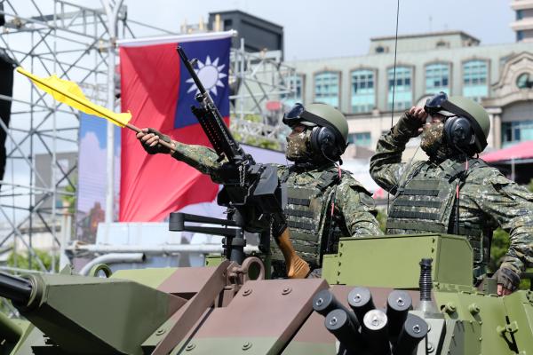 Armored vehicles are deployed during a shore defense operation as part of a military exercise simulating a Chinese military intrusion in Tainan, Taiwan, November 11, 2021. (Photo by Ceng Shou Yi/NurPhoto via Getty Images)