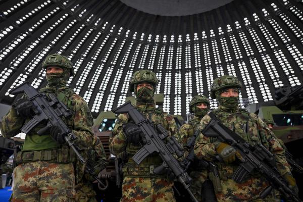 Serbian Army soldiers stand guard in Belgrade on September 25, 2023. (Photo by Andrej Isakovic/AFP via Getty Images)