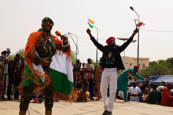 Nigerien soldiers stage a demonstration for the repeal of the military agreement that allows US military and civilian personnel to serve in the country on April 13, 2024. (Photo by Balima Boureima/Anadolu via Getty Images)