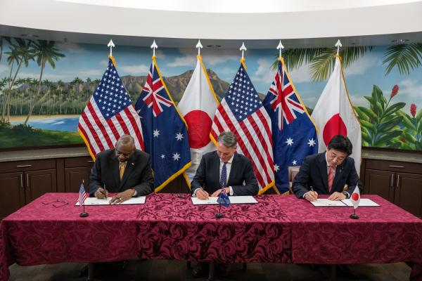 U.S. Secretary of Defense Lloyd Austin III, Australian Deputy Prime Minister and Minister for Defence Richard Marles, Japanese Minister of Defense Kihara Minoru convened a Trilateral Defense Ministerial Meeting at U.S. Indo-Pacific Command headquarters, Camp H.M. Smith, Hawaii, May 2, 2024. 