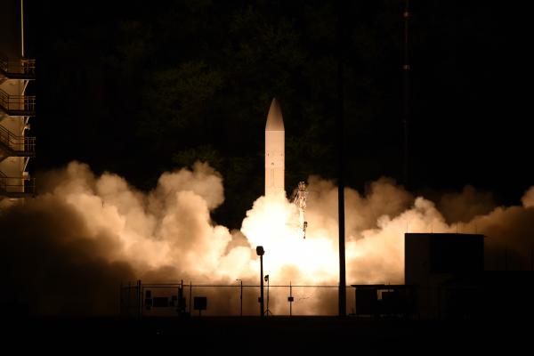  A common hypersonic glide body (C-HGB) launches from Pacific Missile Range Facility, Kauai, Hawaii, at approximately 10:30 p.m. local time, March 19, 2020, during a Department of Defense flight experiment. (DVIDS)