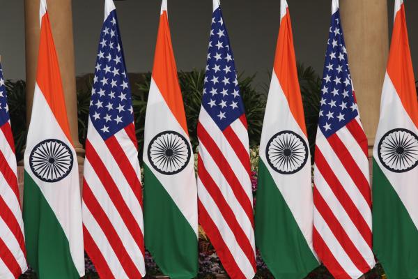 Flags on display at Hyderabad House during the India and United States of America Summit meeting on February 25, 2020. (Pallava Bagla/Corbis via Getty Images)