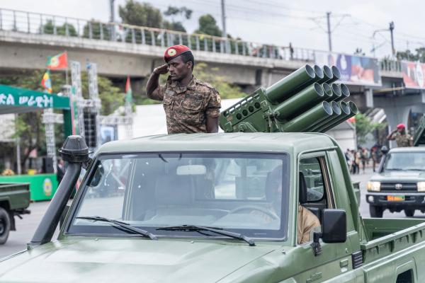 A member of the Ethiopian National Defense Force salutes during the 116th celebration of Ethiopian National Defense Force in Addis Ababa, Ethiopia, on October 26, 2023. (Photo by Amanuel Sileshi/AFP via Getty Images)