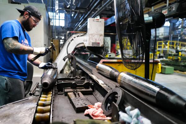 An employee checks 155 mm caliber shells at the Scranton Army Ammunition Plant in Scranton, Pennsylvania, on April 16, 2024. (Charly Triballeau/AFP via Getty Images)