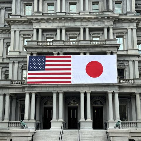 US and Japanese flags are seen on the Eisenhower Executive Office Building in Washington, DC, on April 5, 2024. (Daniel Slim/AFP via Getty Images)