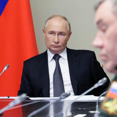 Russia's President Vladimir Putin sits in a meeting regarding the situation in the Kursk region on August 12, 2024, in his residence in Novo-Ogaryovo. (Gavriil Grigorov/AFP via Getty Images)