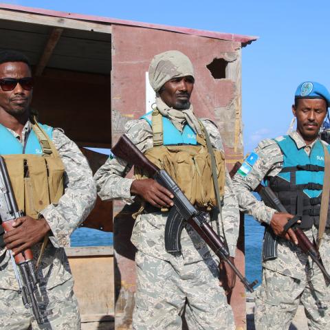 Puntland Maritime Police Forces are patrolling against the recently increasing pirate attacks off the coast in Puntland, Somalia on January 29, 2024. (Abuukar Mohamed via Getty Images)