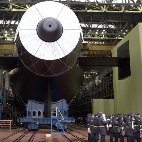 The Russian military unveils the submarine Khabarovsk at Sevmash JSC Shipyard in Severodvinsk, Russia, on November 1, 2025. (Getty Images)