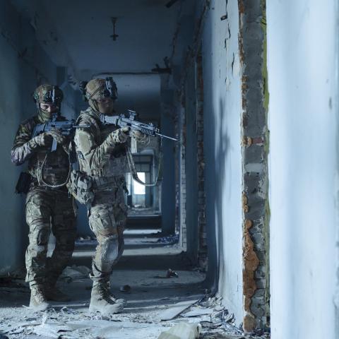 Ukrainian soldiers practice building assault tactics on October 16, 2025. (Getty Images)