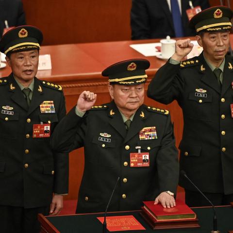 Zhang Youxia, then vice chairman of the Central Military Commission of the People’s Republic of China, stands with members of the commission at the Great Hall of the People in Beijing on March 11, 2023. (Getty Images)