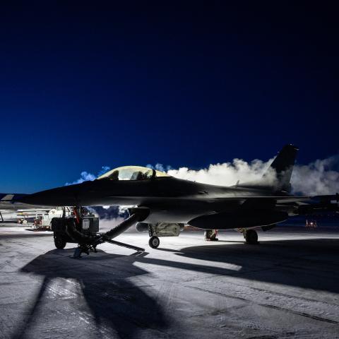 F-16 Fighting Falcon aircrafts are prepared for a mission during Operation Noble Defender at Pittufik Space Base in Greenland on January 30, 2025. (US Air Force)