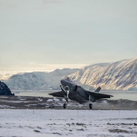 A North American Aerospace Defense Command F-35 Lightning II fighter aircraft lands at Pituffik Space Force Base in Greenland on October 7, 2025. (US Air Force)