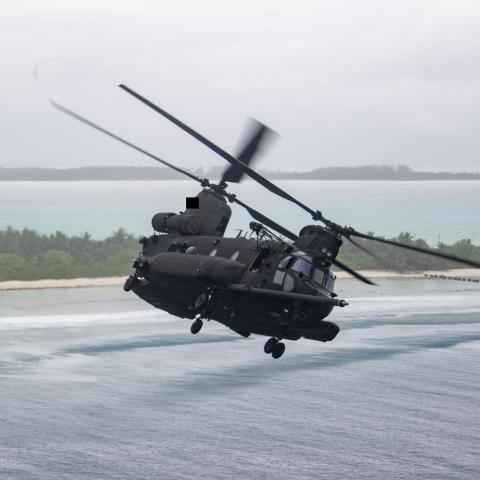 A MH-47G Chinook flies over Diego Garcia on October 14, 2025. (US Navy)