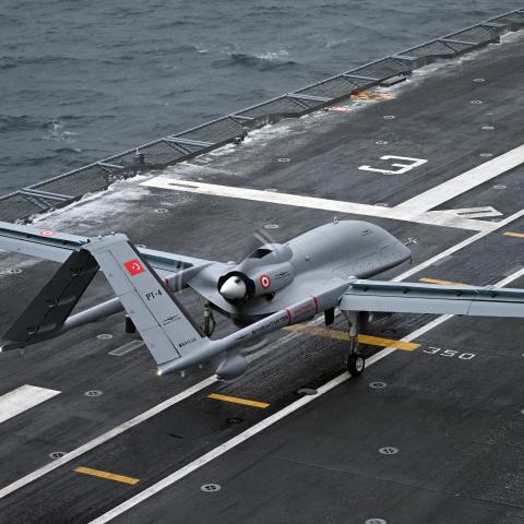 A Bayraktar TB3 armed unmanned aerial vehicle carries out its first operational demonstration during the NATO Steadfast Dart-2026 drill in the Baltic Sea on February 17, 2026. (Getty Images)