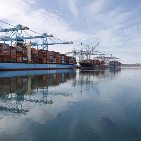 Shipping cranes and shipping containers at the Port of Los Angeles on February 20, 2026. (Getty Images)