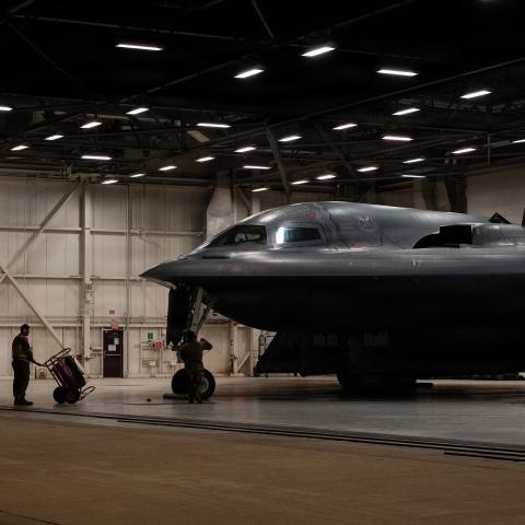 U.S. Airmen conduct preflight operations prior to a B-2 Spirit stealth bomber departing base in the U.S. Strategic Command area of responsibility in support of Operation Epic Fury, March 29, 2026. (U.S. Air Force photo)